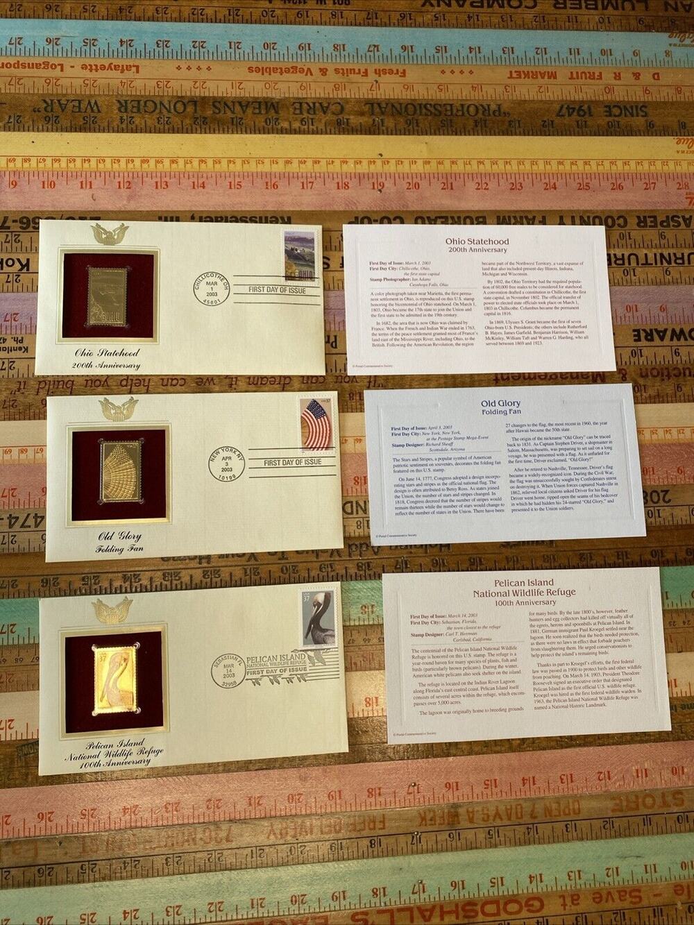 FIRST‎ ISSUE Stamp LOT of 3 Pelican Old Glory Flag Ohio Statehood Gold 2003